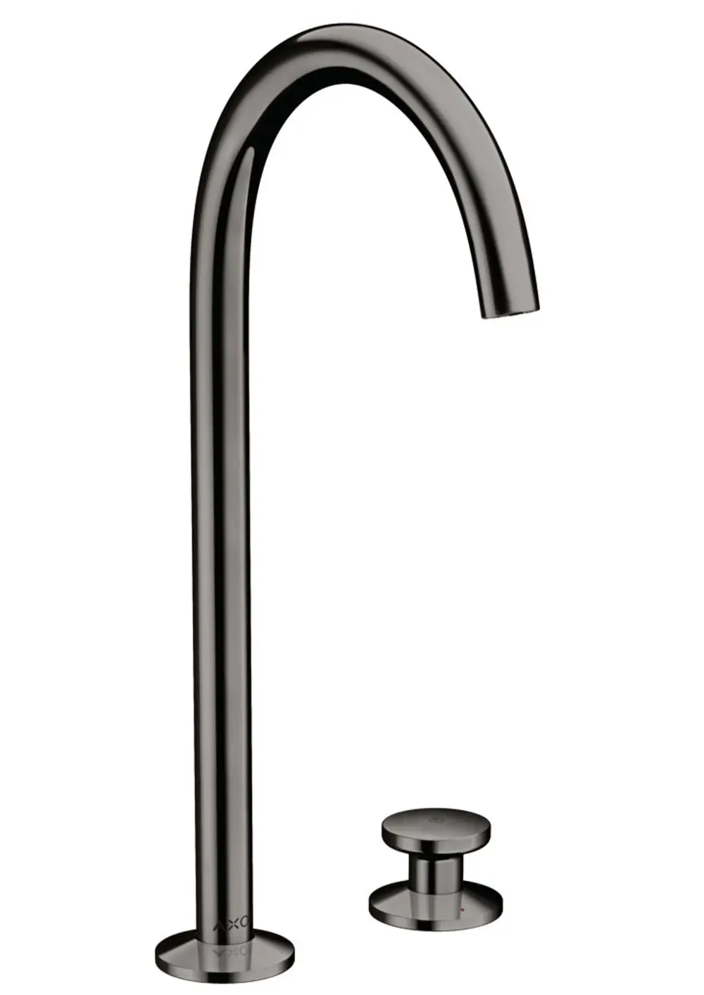 Waschtischmischer in glänzendem Schwarzchrom von AXOR mit hohem Bogen und separatem Push-Open Ablaufgarnitur, geeignet für moderne Badezimmer.